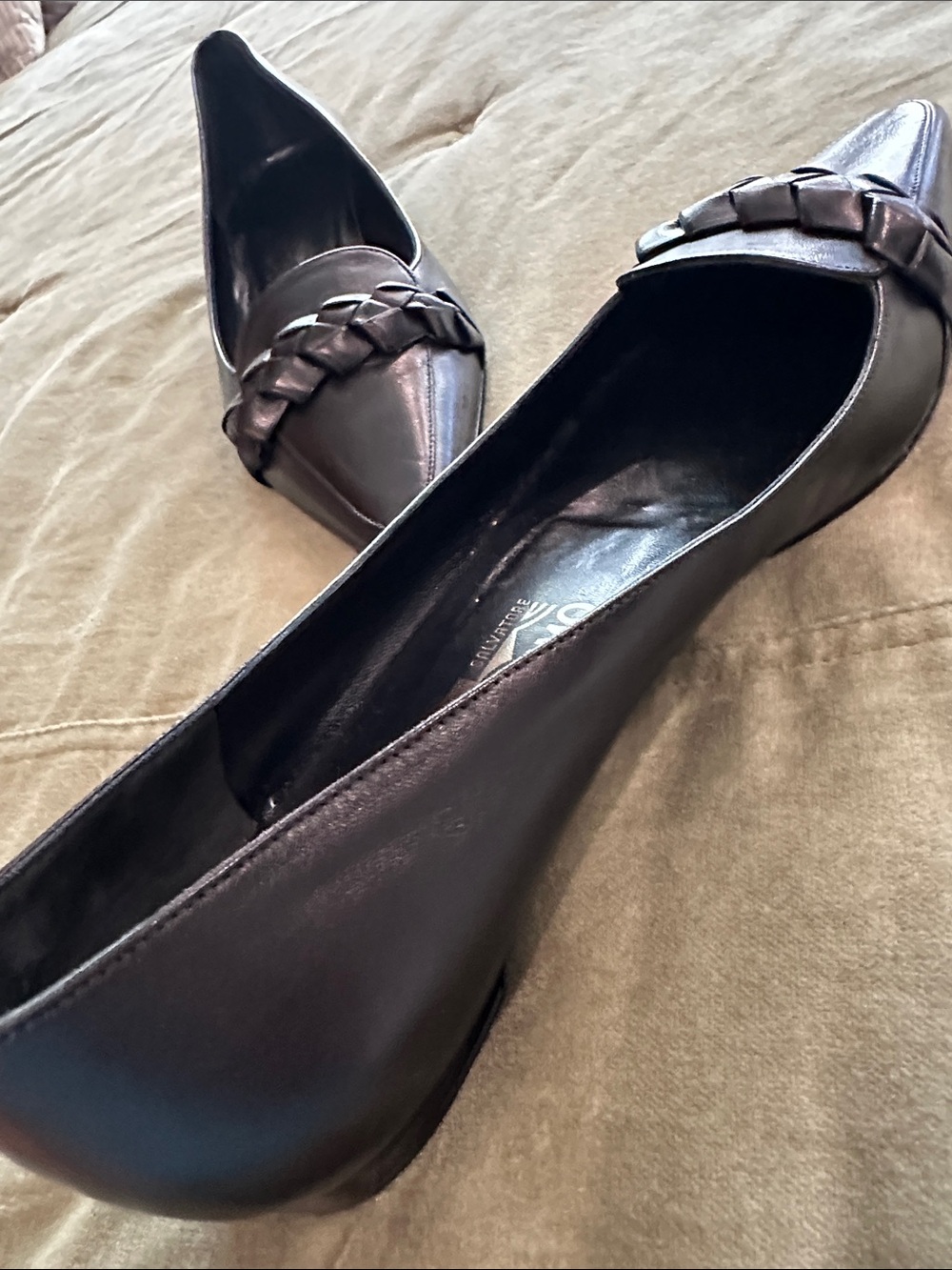 Salvatore Ferragamo Black Pointed-Toe Braided Leather Flats - Picture 8 of 9